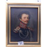 Early 19c portrait of an Officer in uniform, oil on canvas, measuring 8" x 10" in modern gilt frame