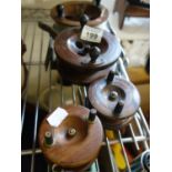 4 x assorted wooden fishing reels various sizes, smallest with 2.5" dia largest with 4.5" dia