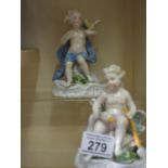 Pair of 19c German Meissen style figurines, 1 of a young cherub seated on swan and the other of a