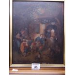 Pair of 18c oil paintings on board of Inn scenes, 1 x interior scene of old folk smoking and