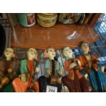 5 x softwood hand painted figures of musicians, probably Indian origin c1970's?