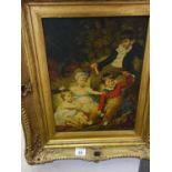 Oil painting on canvas of 4 young children after Fred Morgan in an antique style swept gilt frame