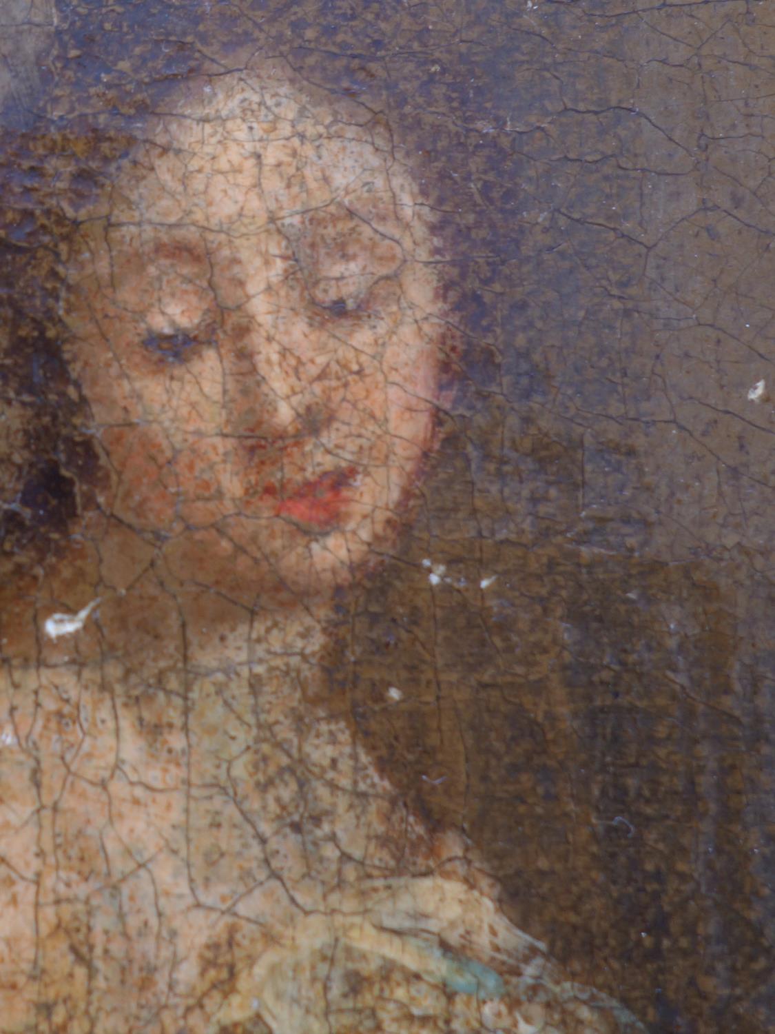 18c oil painting on canvas laid down on board of a partly clad Female seated on a chair with a - Image 4 of 6