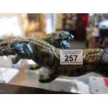 2 x bronzed figurines of Oriental Tigers both with marks to the base