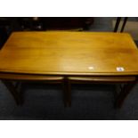 Nest of 3 tables, centre coffee table 3' long x 18" deep, excepting below 2 similar tea tables, in