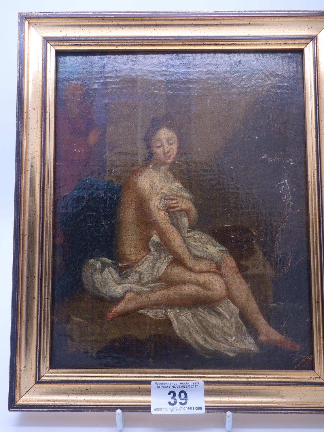 18c oil painting on canvas laid down on board of a partly clad Female seated on a chair with a