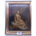 18c oil painting on canvas laid down on board of a partly clad Female seated on a chair with a