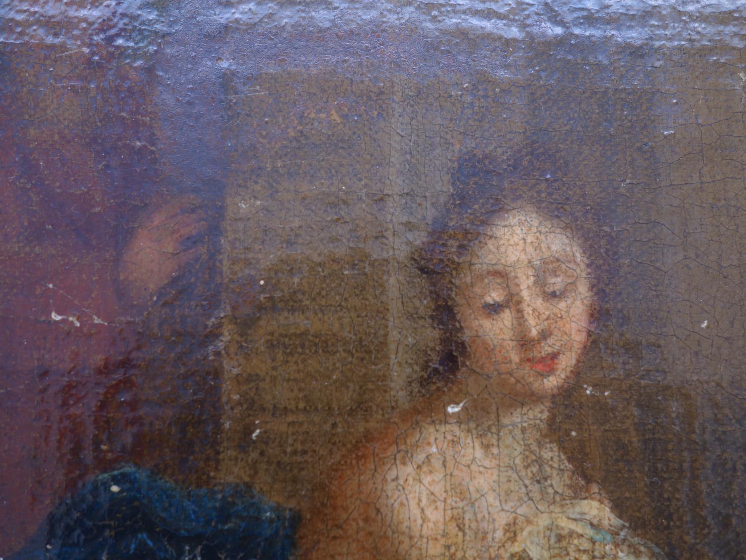 18c oil painting on canvas laid down on board of a partly clad Female seated on a chair with a - Image 3 of 6
