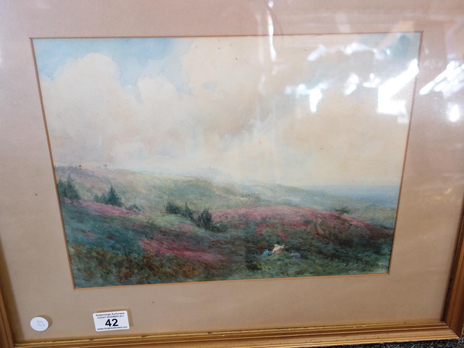 19c f/g watercolour of a panoramic Heatherland scene probably Scotland with 2 x lone figures image