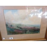 19c f/g watercolour of a panoramic Heatherland scene probably Scotland with 2 x lone figures image