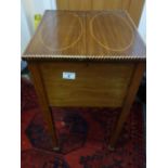 Delicate Victorian period mahogany sewing box on stand, inlaid decoration twin opening flaps top the