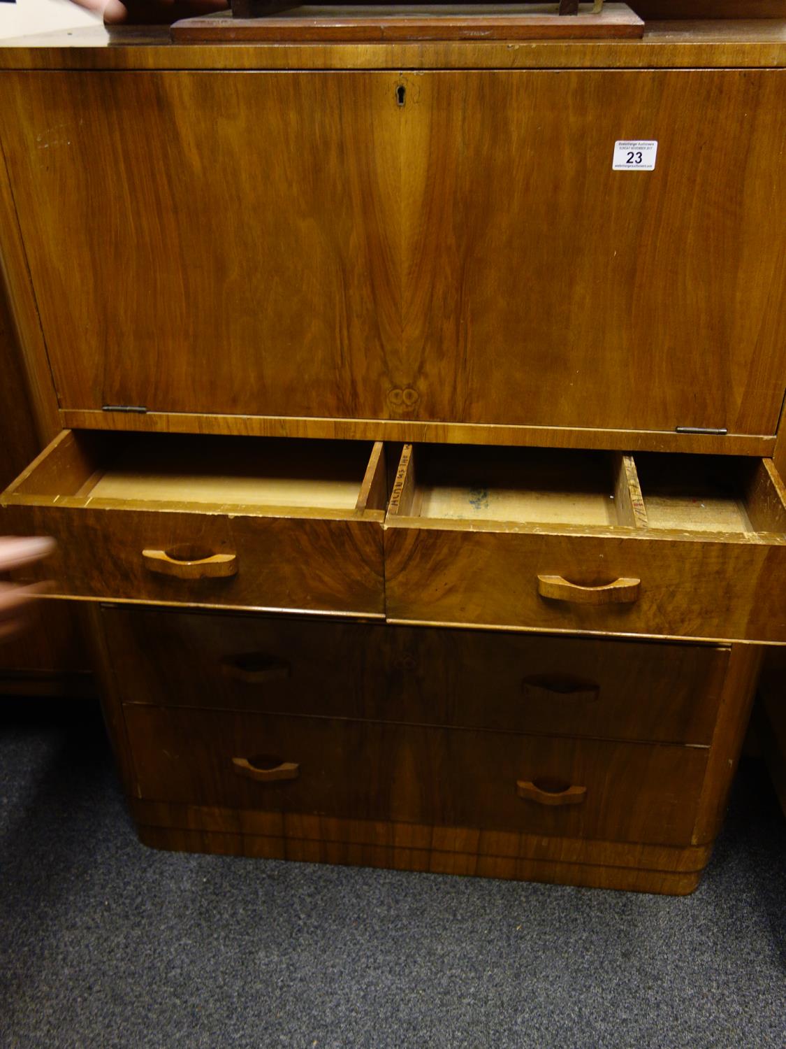 Art Deco period walnut veneered Bureau, single flap to the front revealing a fitted interior, all - Image 3 of 3