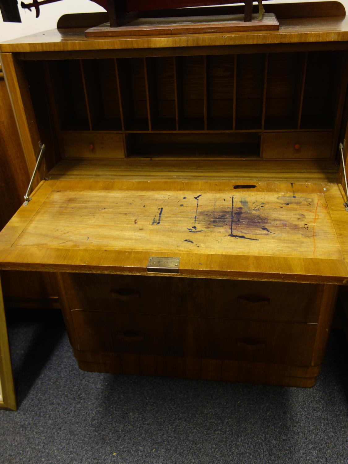 Art Deco period walnut veneered Bureau, single flap to the front revealing a fitted interior, all - Image 2 of 3