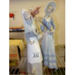 Lladro 2 x figurines 1 of a young girl holding an unbrella the other of a young girl with a dog at