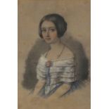 George MOROSINI (?-1882), Watercolour & pastel, Half length portrait ofa young woman, Signed, 13.5 x