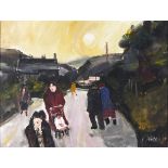 * Gill WATKISS (b.1938), Mixed media on board, 'Road to Stenalees' (Cornwall) - figures on the path,