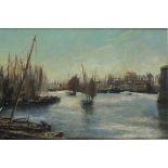 * Frank L. EMANUEL (1865-1948), Oil on canvas, Crowded busy working harbour, Signed, 10" x 15.5" (