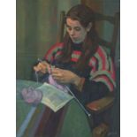 * Ken SYMONDS (1927-2010), Oil on board, 'Judith Knitting' - portrait of a young woman, Inscribed to