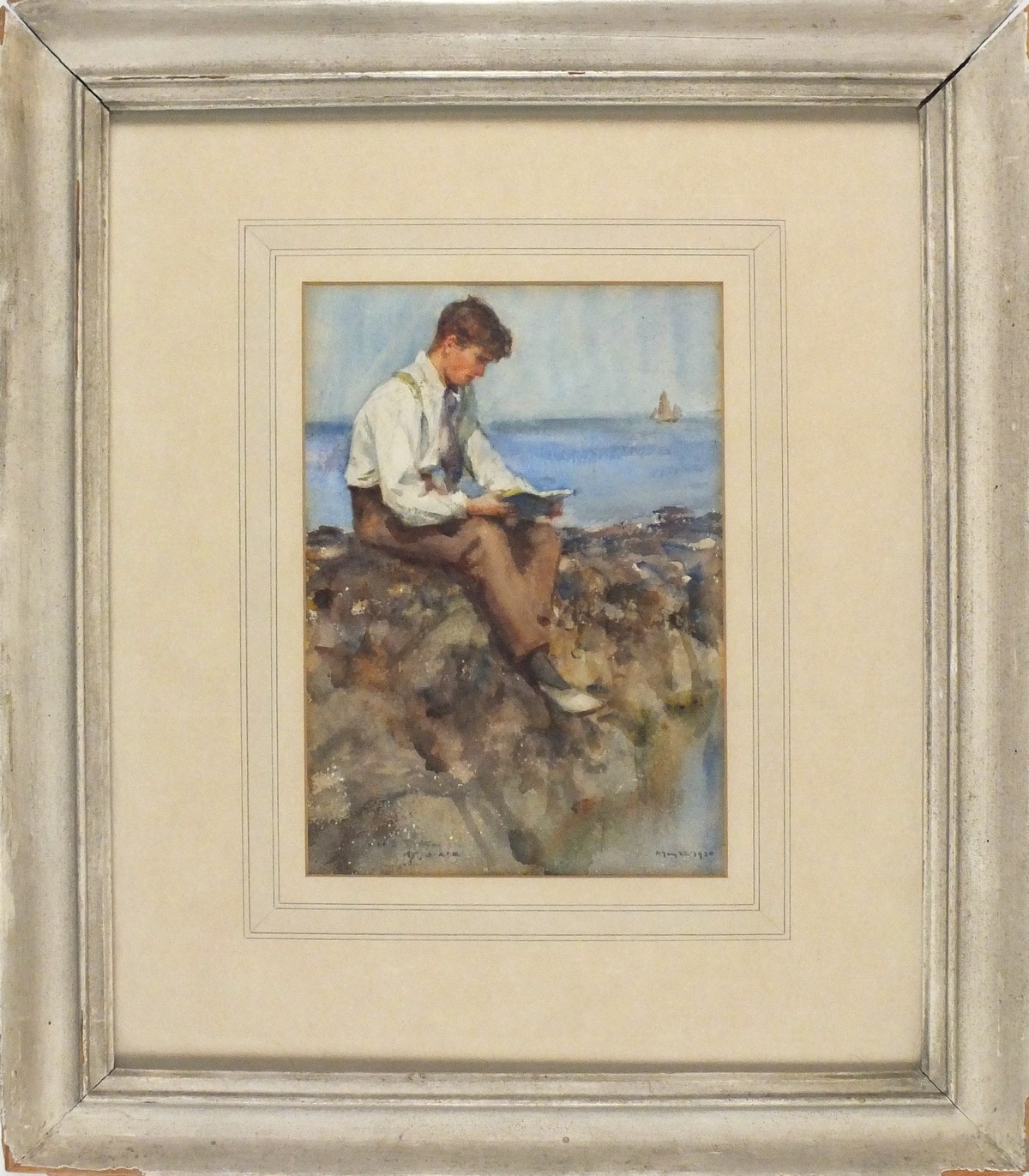 Henry Scott TUKE (1858-1929), Watercolour, Portrait of a young man reading on the rocks (John Alfred - Image 2 of 3