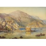 G* FERNHOLZ, Watercolour, Fishing boats on an Italian lake before a town, Signed, 9.5" x 13.5" (24cm