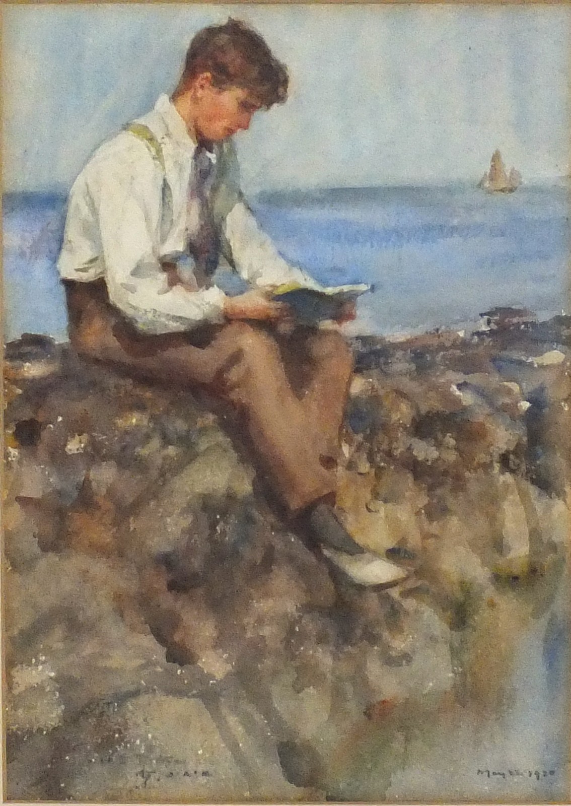 Henry Scott TUKE (1858-1929), Watercolour, Portrait of a young man reading on the rocks (John Alfred