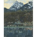 Ken HOWARD (b.1932), Oil on canvas board, 'Switzerland' - snow capped mountain from a lake,