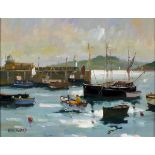 Eric WARD (b.1945), Oil on board, 'Morning Sun at St Ives' - boats at anchor, Inscribed on label