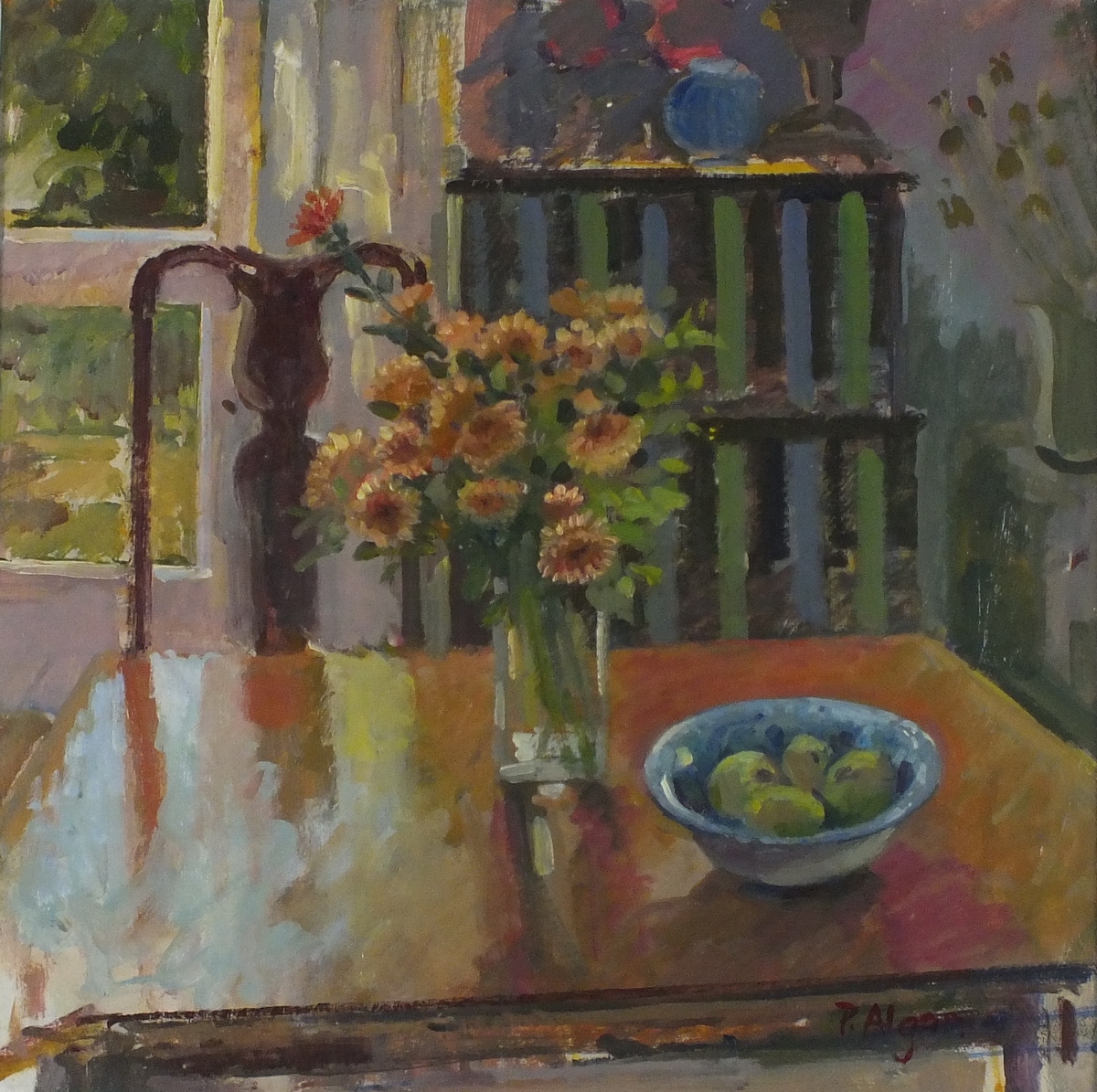 Pat ALGAR (1939-2013), Oil on board, 'Autumn Interior - Chrysanthemums', Inscribed & Studio Stamp to