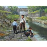 † John SEEREY-LESTER (b.1945), Oil on canvas, Three Boys Fishing for Tiddlers on a Canal, Signed,