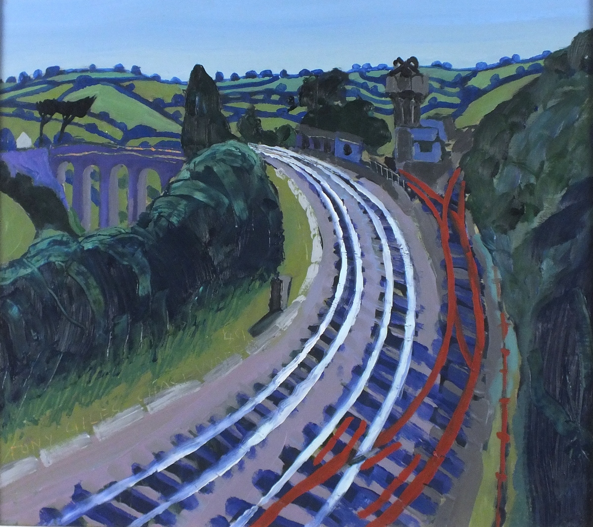 †Tony GILES (1925-1994), Oil on board, 'Chacewater Railway' and viaduct Cornwall, Inscribed, signed