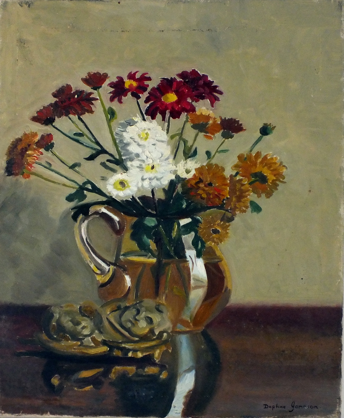 †Daphne JAMESON (b.1942), Oil on canvas, Still life - Summer flowers in a glass jug, Signed,