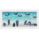 †Biddy PICARD (b.1922), Colour print, Fishermen and Boats, Signed in ink, 5.75" x 11.25" (14.6cm