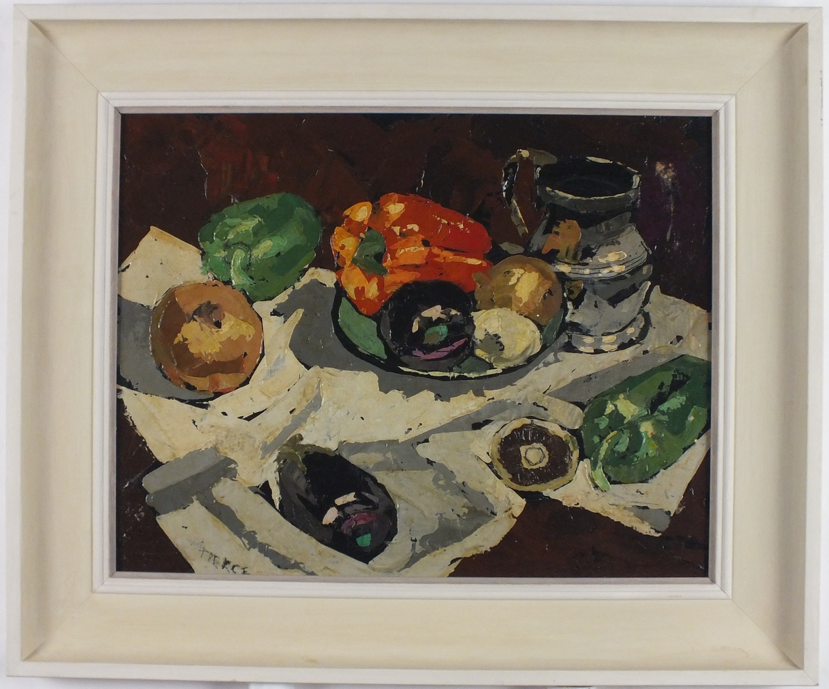 †Richard PIERCE (20th Century British School), Oil on board, Still life - Peppers & vegetables with - Image 2 of 2