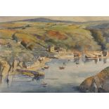 J* ROBERTS (20th Century English School), Watercolour, Hilltop view of a Harbour with Hills