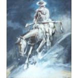 †Michael CODD (b.1938), Gouache, The Trapper - Crossing the Stream on Horseback, Signed with