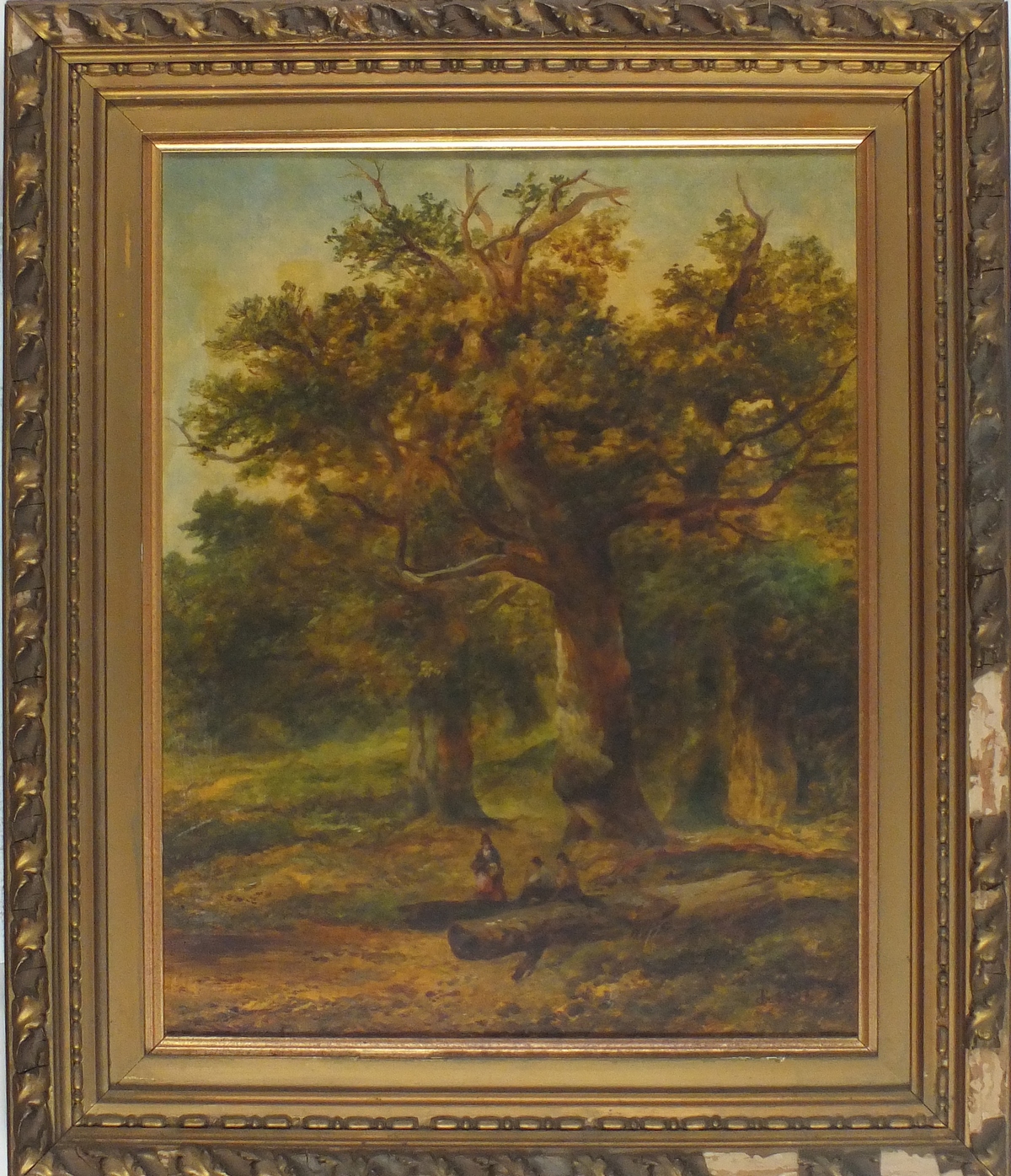 R* S*?, 19th Century English School, Oil on board, Woodcutters at Rest in the Forest, Signed with - Image 2 of 2