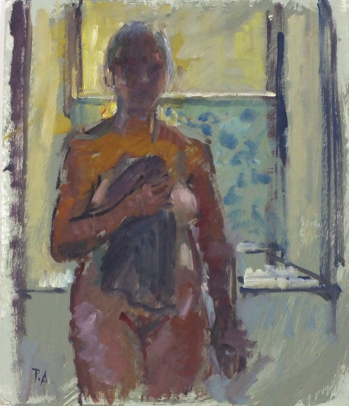 Pat ALGAR (1939-2013), Oil on board, Standing female nude with towel, Studio Stamp to verso,