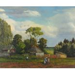 Yuri Mikhaylovich BONDARENKO (b.1952), (Russian School), Oil on board, Working the land at the Dacha