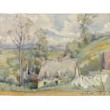 †Samuel John Lamorna BIRCH (1869-1955), Watercolour, Cottages with clothes line, Signed, 9.5" x 13"