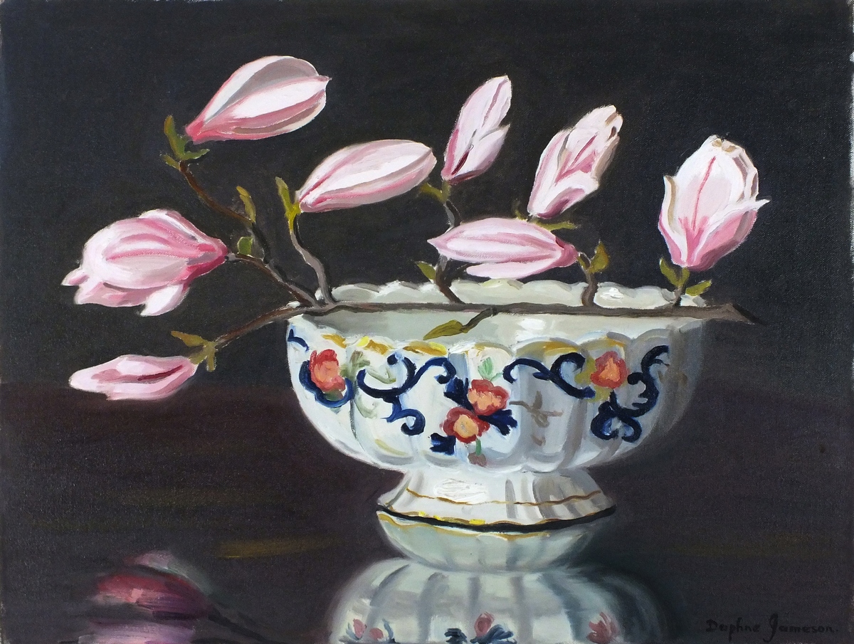 †Daphne JAMESON (b.1942), Oil on canvas, Still life - Magnolia buds in an ironstone bowl, Signed,