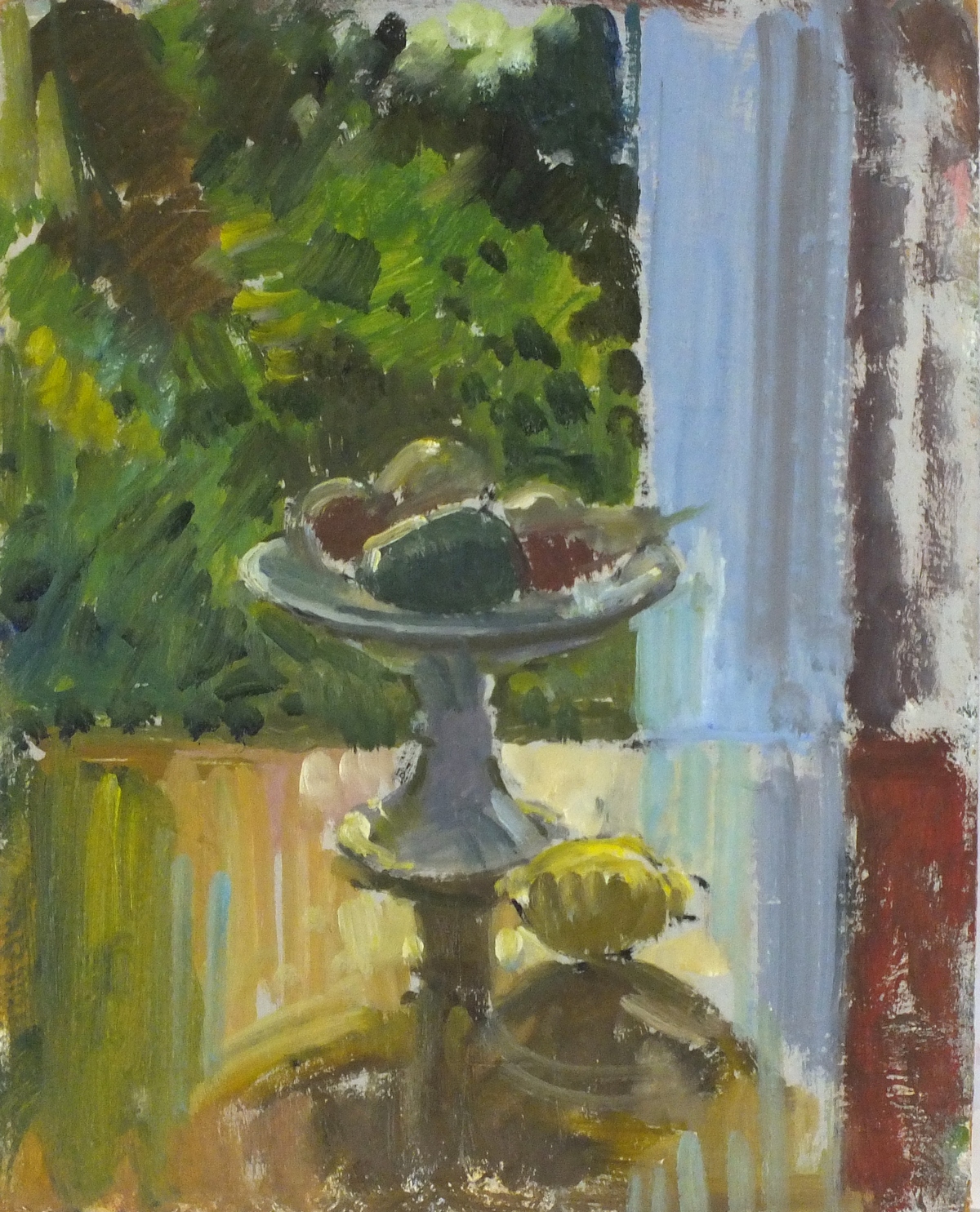 Pat ALGAR (1939-2013), Oil on board, Still Life - Comport with fruit by a window, Inscribed & signed