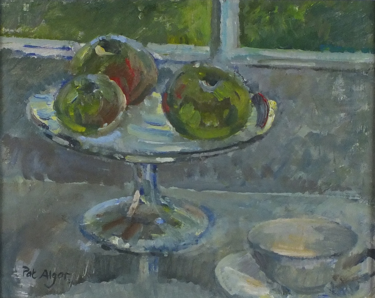 Pat ALGAR (1939-2013), Oil on board, Still life - 'Green Apples', Inscribed & Studio Stamp to verso,