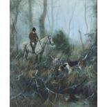 †John TRICKETT (b.1952), Oil on canvas, Lost Scent - huntsman & hounds in a copse, Signed, 23.25" x
