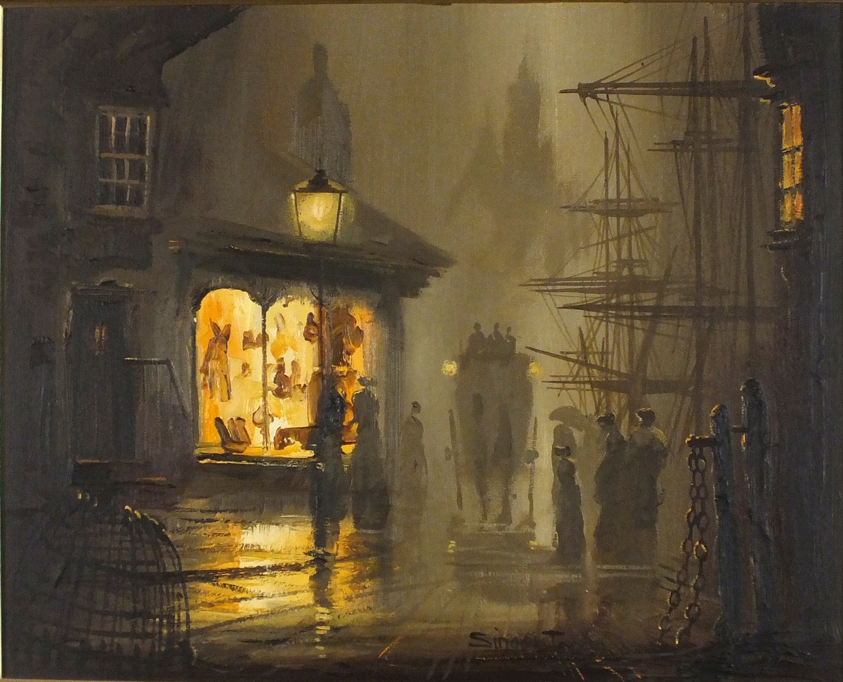†SINGER-JONES (Donald HUGHES) (b.1933), Oil on canvas, Victorian Dockyard Scene - At Night, Signed,