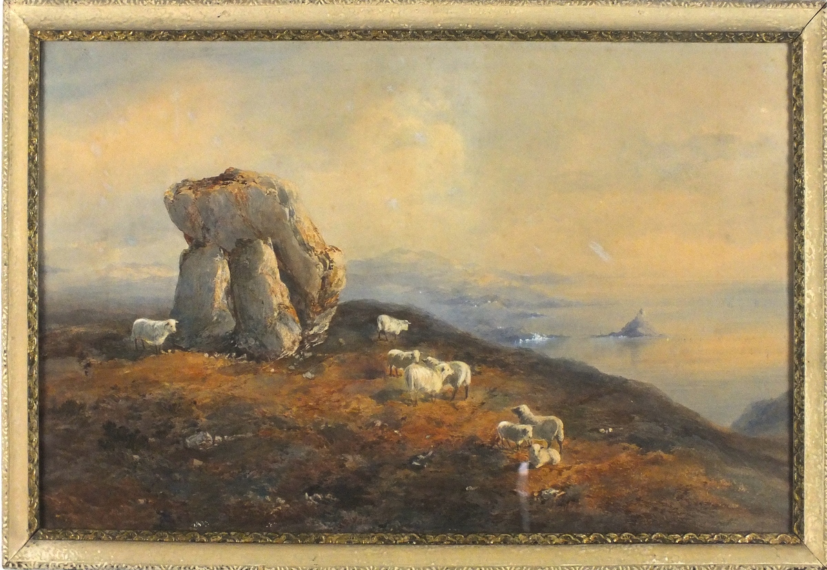 J* H*, 19th Century English School, Watercolour, Sheep grazing by Mulfra Quoit, a view of St - Image 2 of 2