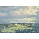 †John EDWARDS (b.1914), Oil on board, Sailing Boats off St Michael's Mount, Cornwall, Signed, 19.5"