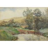 †Samuel John Lamorna BIRCH (1869-1955), Watercolour, Footbridge across a meadow stream, Signed, 6.