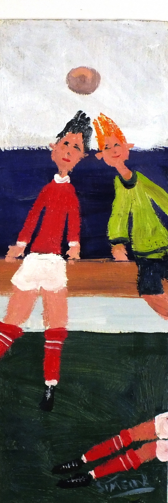 †Simeon STAFFORD (b.1956), Oil on board, 'The Header' - two footballers, Inscribed, signed &