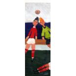 †Simeon STAFFORD (b.1956), Oil on board, 'The Header' - two footballers, Inscribed, signed &