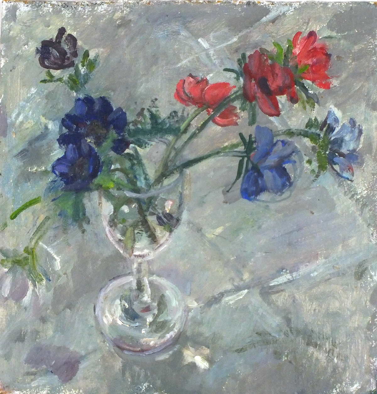 Pat ALGAR (1939-2013), Oil on board, Still Life - Anemones in a Wine Glass, Studio Stamp to verso,